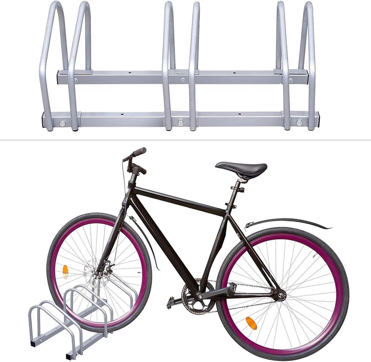 Fietsenrek, meervoudige fietsenstandaard voor elk 3 fietsen, fietsafzetstandaard, op te stellen fietsenstandaard van verzinkt staal, voor vloer- en wandmontage, HxBxD 26 x 70,5 x 32 cm, zilver