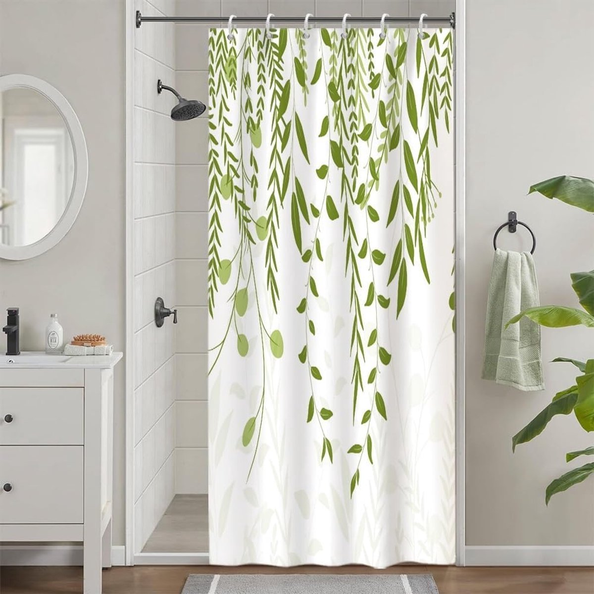 Douchegordijn, saliegroen, douchegordijn, groene eucalyptusbladeren, motief, douchegordijnen, anti-schimmel, waterdicht, polyester, wasbaar, badgordijn met 6 haken, voor badkamer, 90 x 180 cm