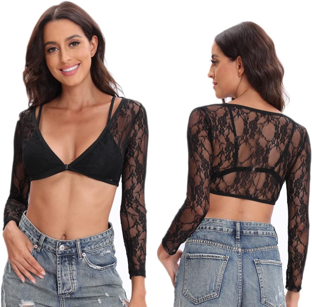 Damesvest met 3/4 mouwen, chique topjes, sexy kanten voering, voor jurken, bruiloften, strandkleding, badpakken