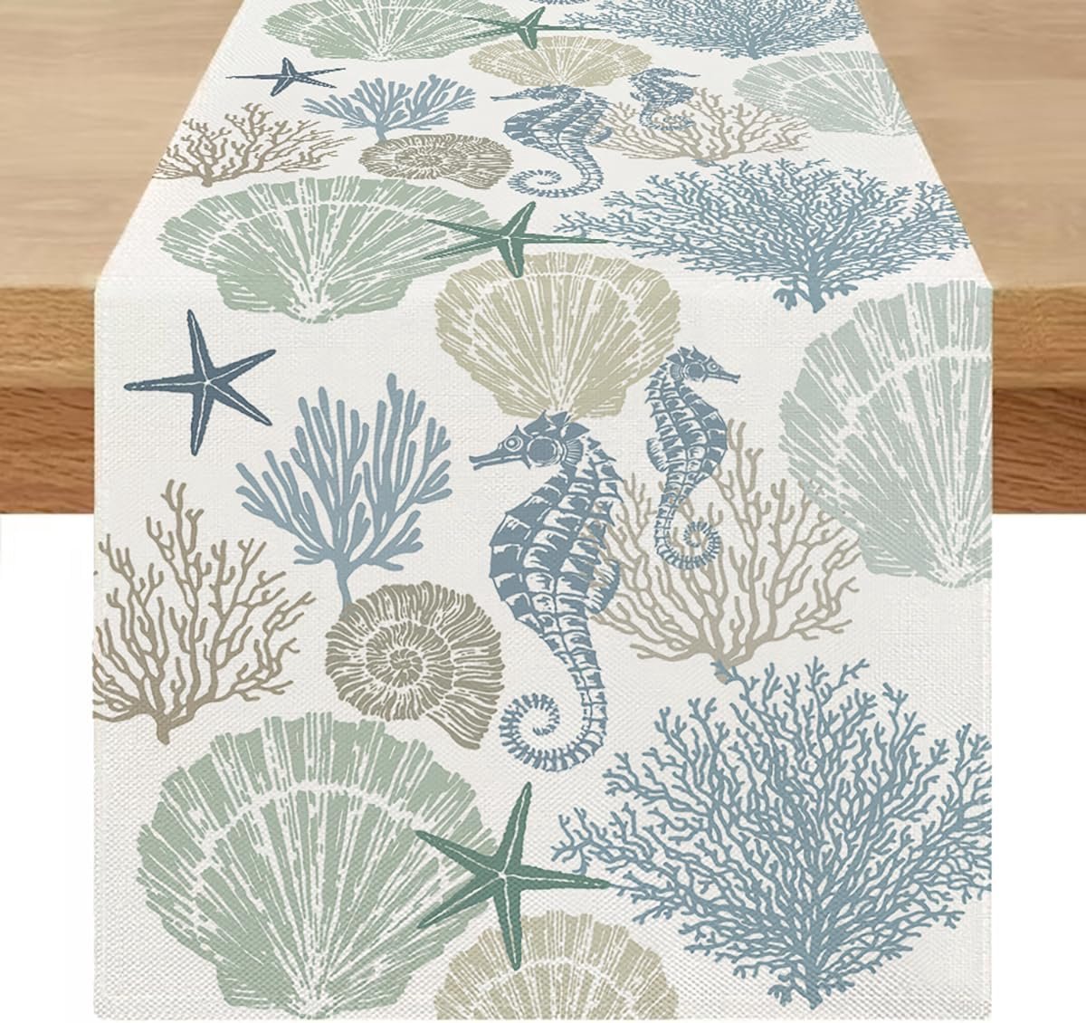 Tafelloper, blauw, modern, afwasbaar, voor buiten, zomer, 40 x 180 cm, lang, weerbestendig, zeepaardje, linnenlook, lente, tafelkleed, keuken, tafeldecoratie voor bruiloft, feest, decoratie
