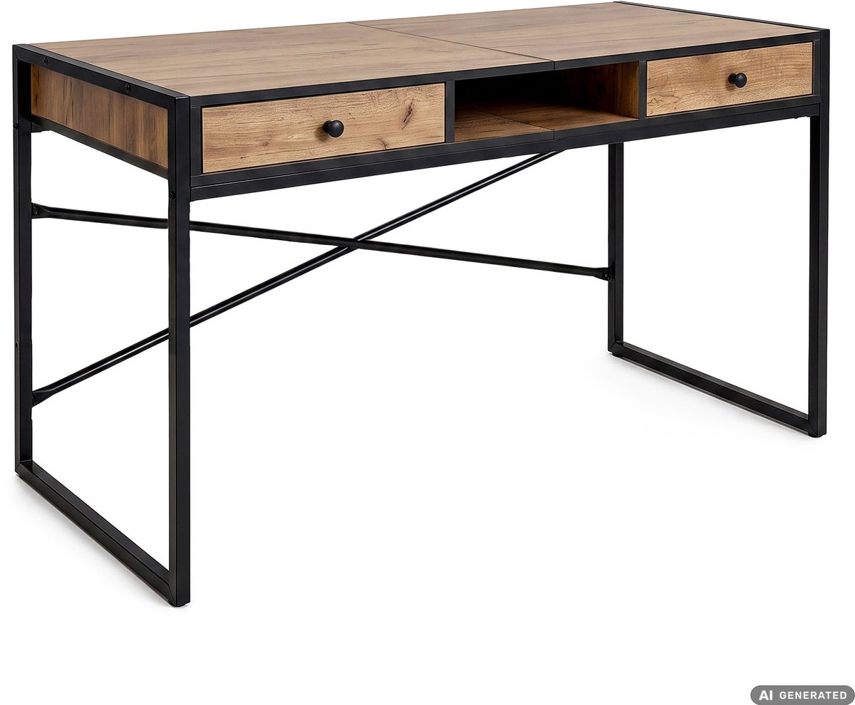 Computertafel Bureau ELONIS / Industrieel / 123 cm / Craft Eiken / 2 Lades / 1 Plank / Zwarte Poten