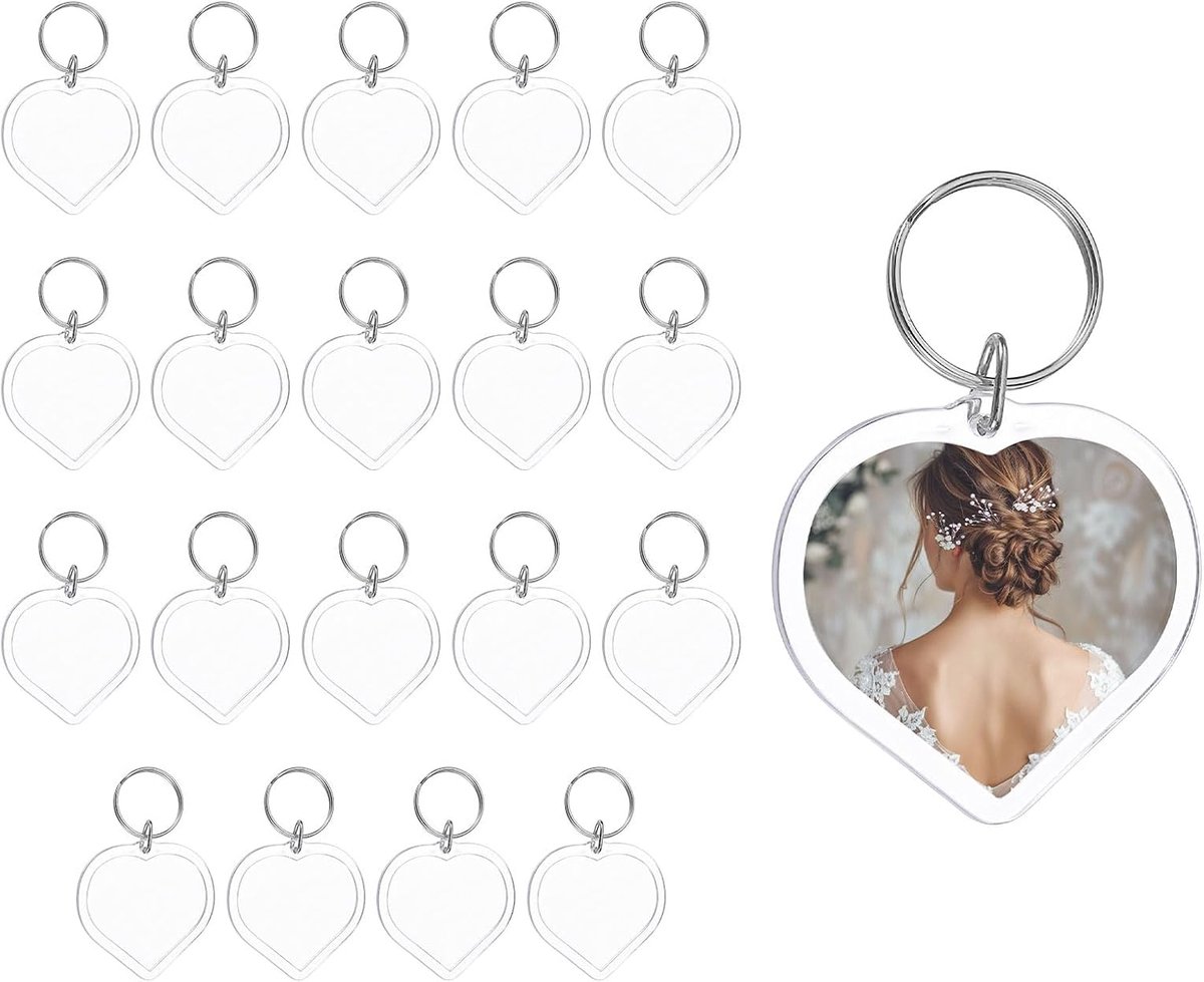 20 stuks sleutelhangers, fotolijsten, heldere acrylsleutelhangers, fotosleutel, 5 x 5 cm, hart, sleutelhanger, foto, leeg voor foto-weergavebenodigdheden, transparant