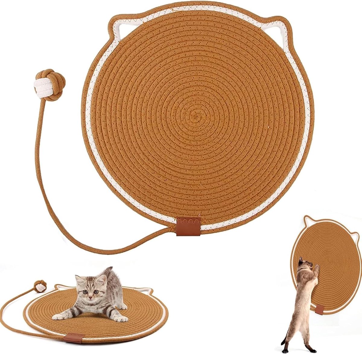 Krabmat voor katten, katoenen touw, krabplanken, kattenslaapmat, ophangbaar krabtapijt, katten met katoenen bal, speelgoed en kattenoordesign voor bank, meubels, deur, 43 cm (kaki)