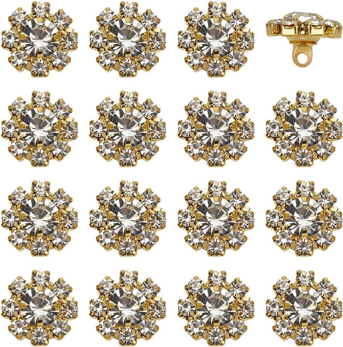 16 stuks strass messing schacht knoppen 11 mm in diameter decoratieve kristallen strass knoppen herbruikbare gouden messing bloemvorm versiering voor naaien doe-het-zelf ambachten