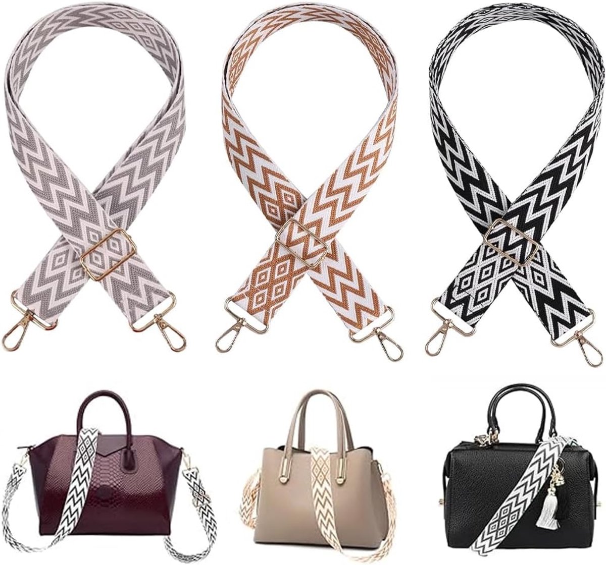 Tasriemen Om Te Wisselen, 3 Stuks Verstelbare Schouderriem Voor Tassen, Nylon Canvas, 3,8 Cm Breed, Karabijnhaak, Gestreept Patroon, Voor Doe-Het-Zelf Accessoires