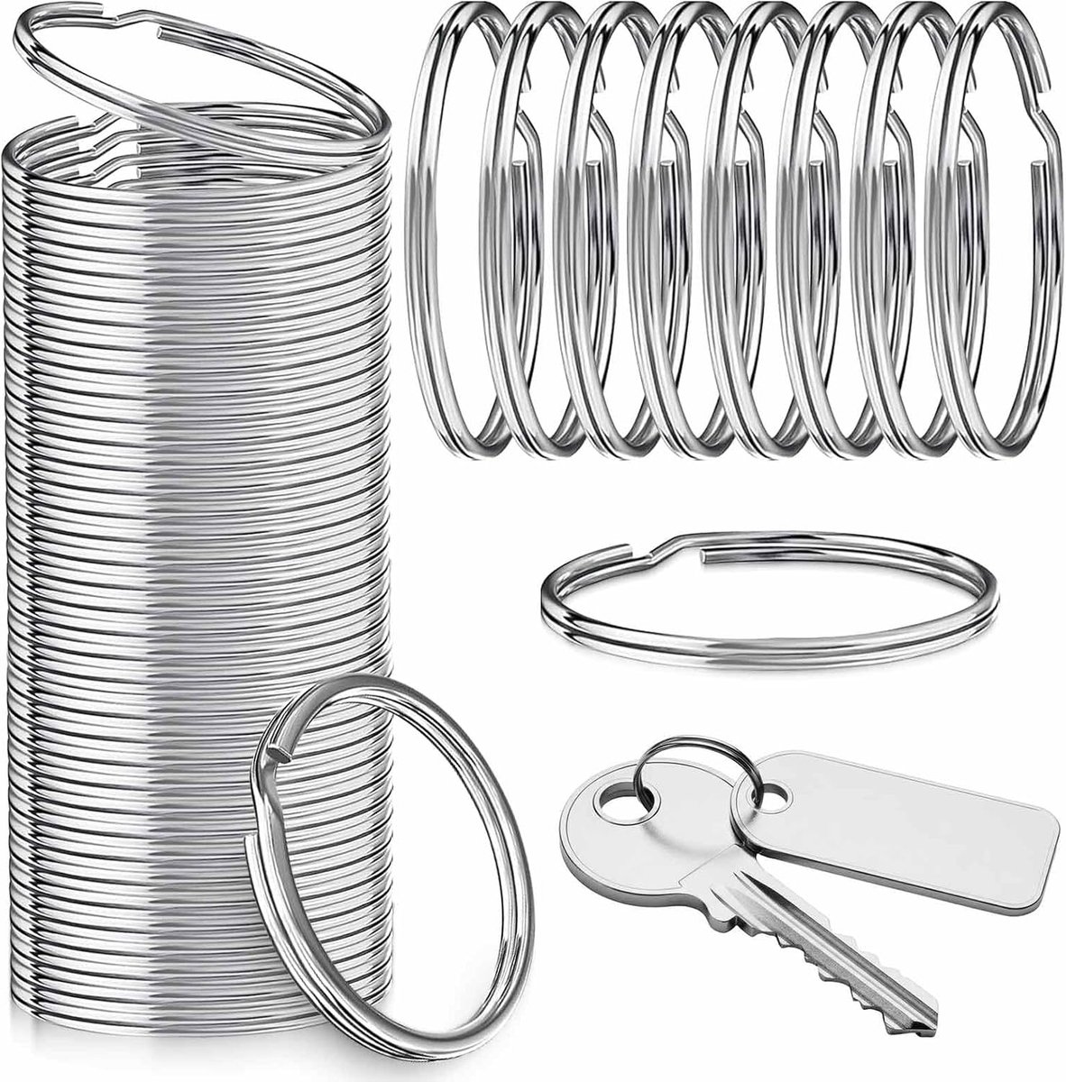 25 mm, 100 stuks, sleutelhangers met dubbele lussen, metalen ringen, zilverkleurig, sleutelhanger voor knutselen, handwerk