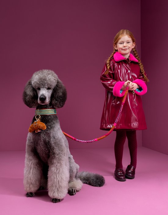 Meisje met vlechtjes draagt een bordeauxrode lakjas met roze bontdetails en houdt een grijze poedel vast aan een riem.