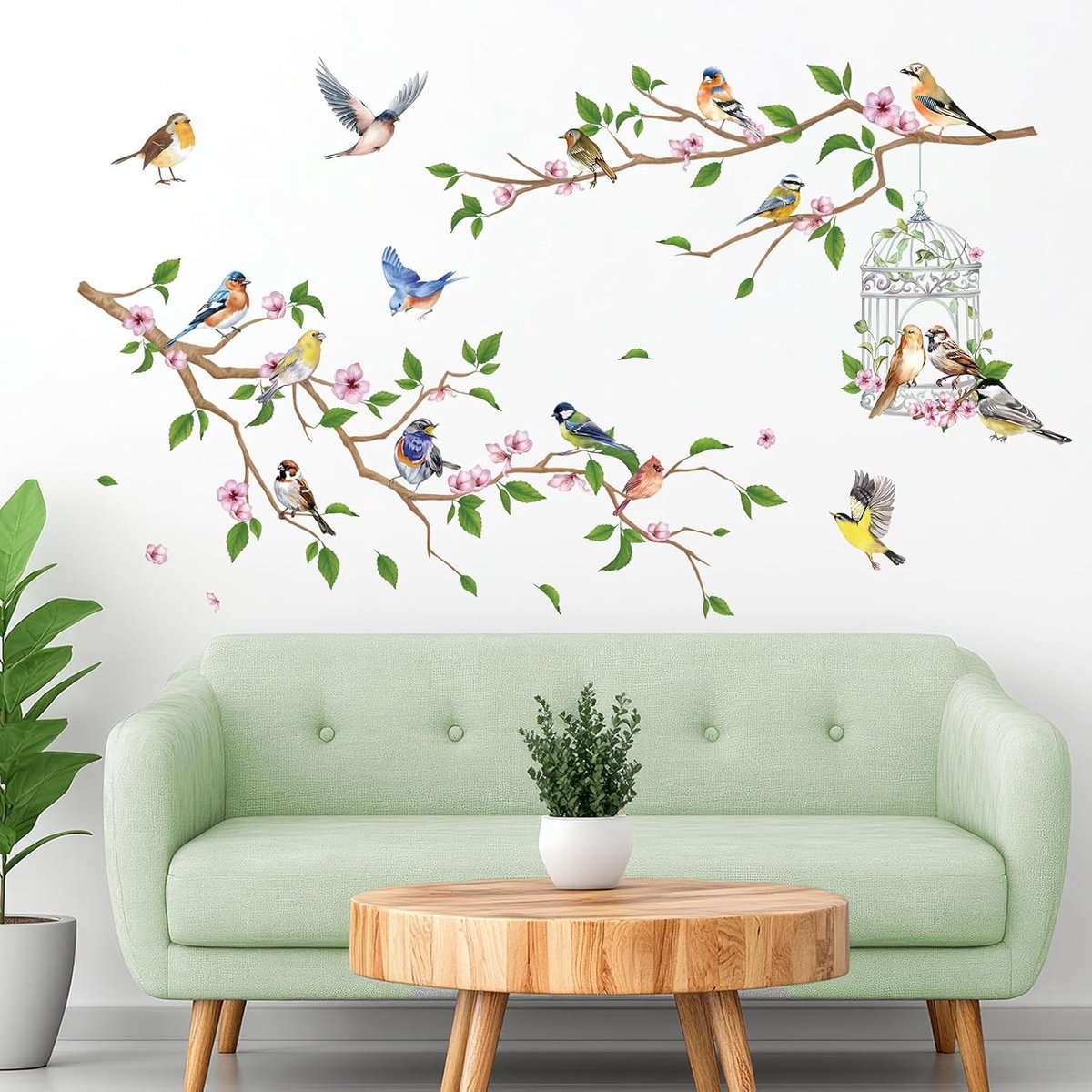 Muursticker, thematische tuinmuursticker, vogels op takken met bloemen, vogelkooi, doe-het-zelf afneembare zelfklevende muursticker voor woonkamer, slaapkamer