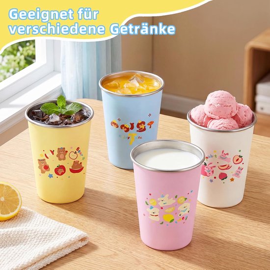 Herbruikbare Kinderbekers - 4 Stuks - RVS - 350ml - Bekers - Mondspoelbeker - Tandborstel Beker - Drinkbeker - School drinkfles - kinder drinkfles - Schoolbeker - Thuis-terug naar school - BPA-vrij & Vaatwasserbestendig — afbeelding 3