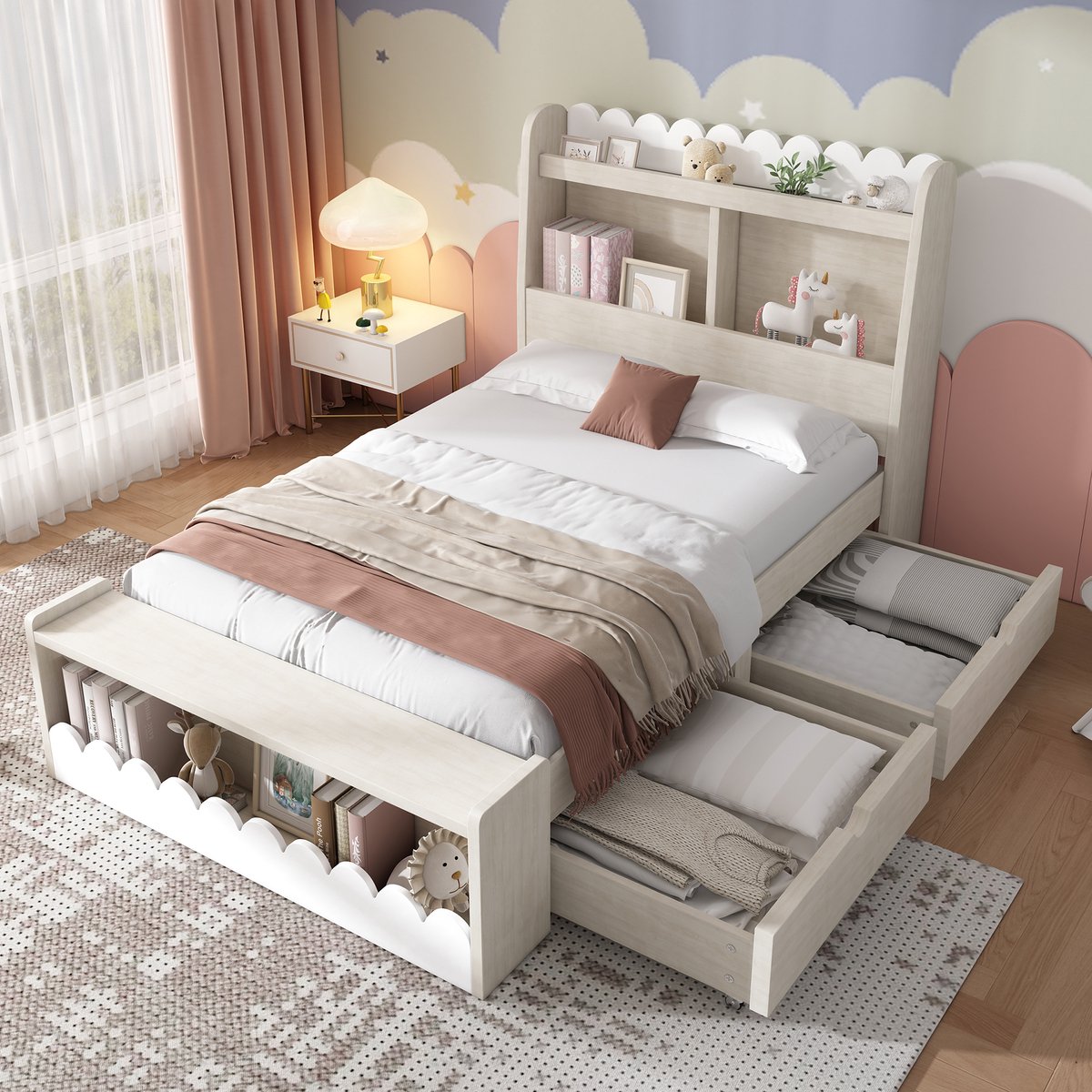 Kinderbed - voor matras 90 x 190 cm - white + light oak - met opbergruimte en lattenbodem - matras niet inbegrepen - voor de slaapkamer