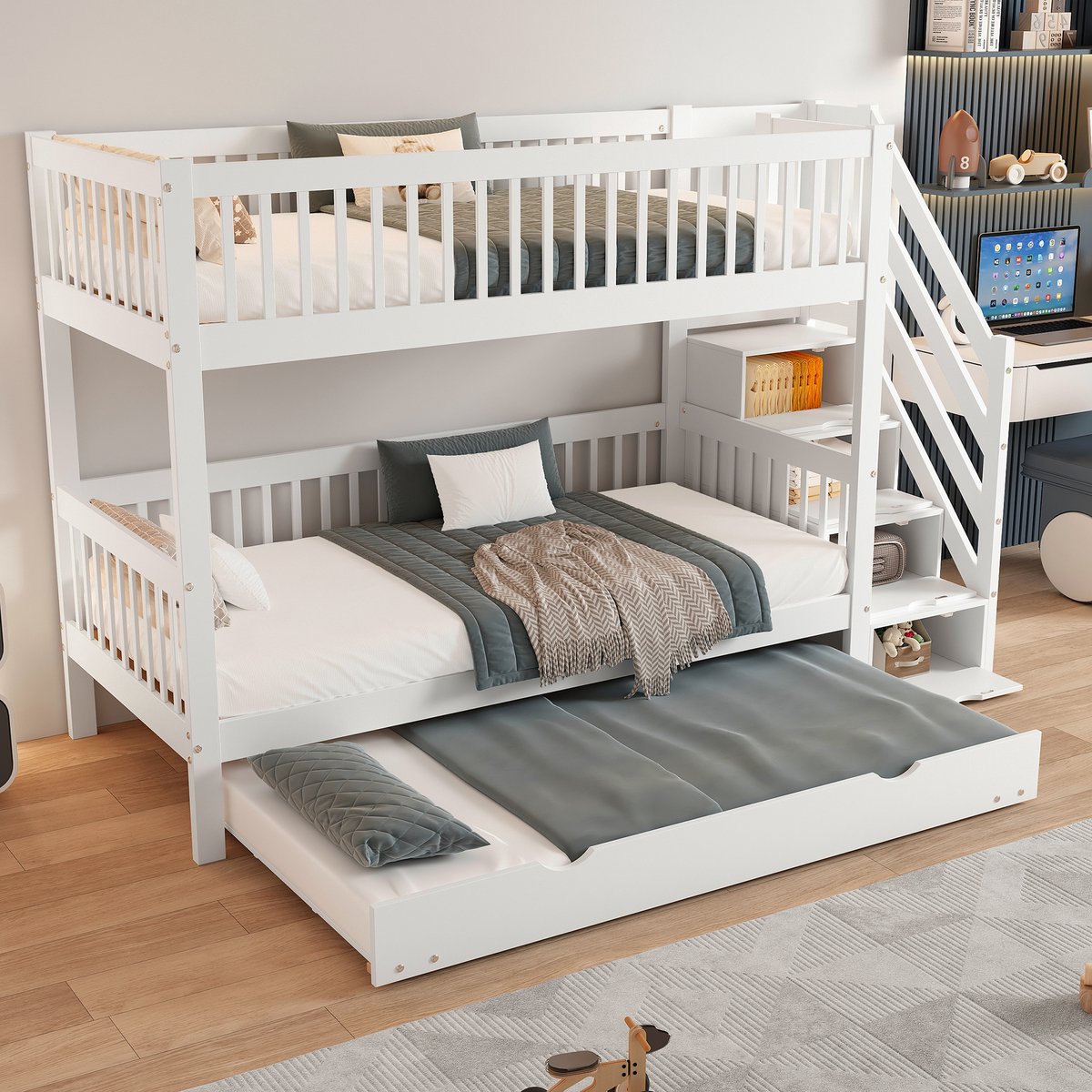 Kinderbed - voor matras 90 x 200 cm - wit - met opbergruimte - afmetingen 95 x 253 x 150 cm - matras niet inbegrepen - voor de slaapkamer
