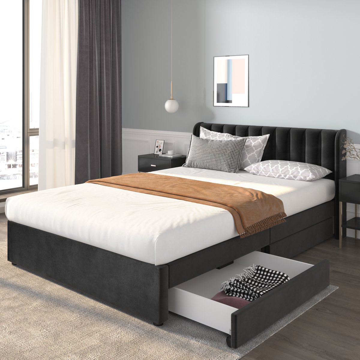 Gestoffeerd bedframe - voor matras 160 x 200 cm - zwart - met opbergruimte en lattenbodem - matras niet inbegrepen - voor de slaapkamer