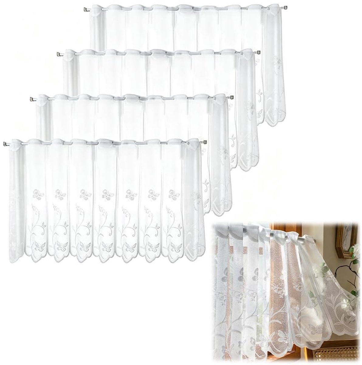 SolidKeus - 4 Stuks Vitragegordijnen met Bloemen en Vlinders, 130 x 45 cm