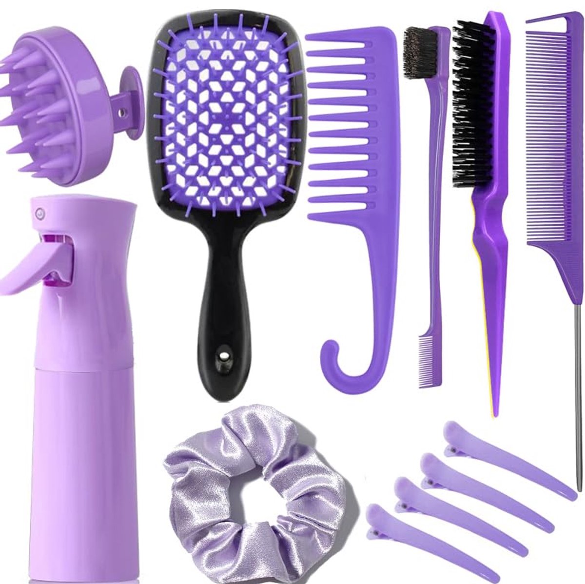 casalora—12-delige haarborstelset – met spuitfles – voor nat & droog haar – krullend & steil haar – hoofdhuidmassage borstel – edge brush – wijdgetande kam – rattail kam – （paars） – geschikt voor kinderen & volwassenen