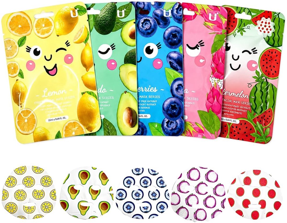SolidKeus - 5-Pack Hydraterende Maskers met Fruitextracten voor Alle Huidtypes