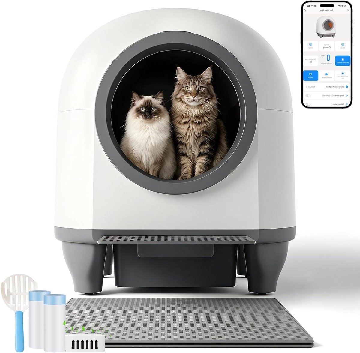 Automatische Kattenbak - Zelfreinigende Kattenbak - Kattenverzorging Thuis - App Bediening Gezondheid - 90 Liter XXL - Wit Grijs