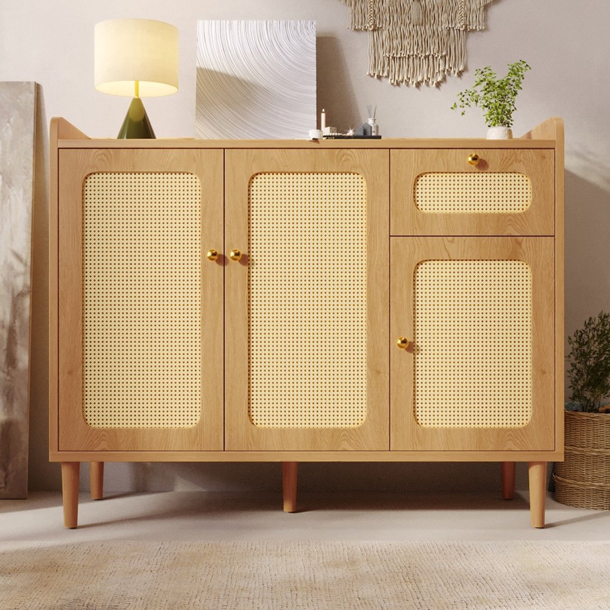 Pugsdrly Dressoir 120x40x91 cm met rotanvlechtwerk, ladekast in eikenlook met 3 deuren en 1 lade, dressoir met soft-close-scharnieren, multifunctionele kast voor woonkamer, keuken, hal