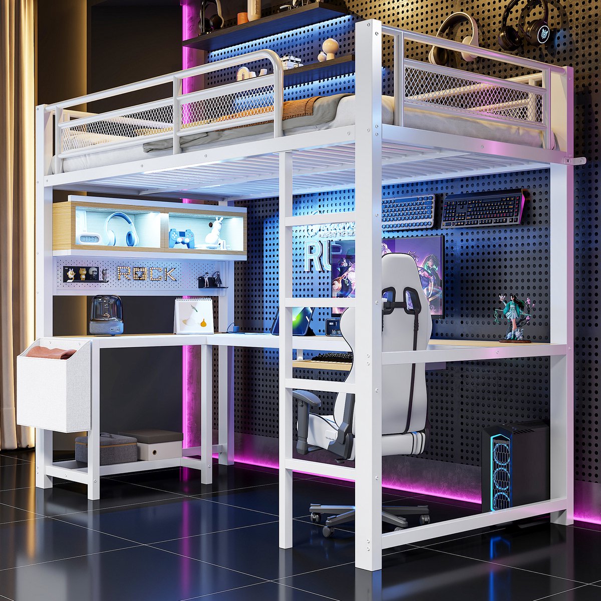 Gaming Hoogslaper (90 X 200 cm) Met Bureau, Tienerhoogslaper, Toetsenbordlade, Opbergvakken, Ledverlichting En Oplaadstation - Wit