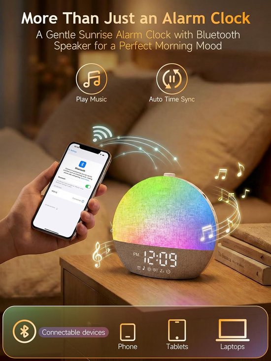 Wekker met Licht - Wake up Light - Rustig Wakker Worden - Zonsopgang Simulatie - 17.9 x 15.8 cm - Geel — afbeelding 3