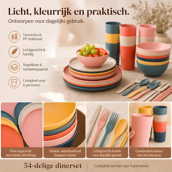 Campingservies set 54-delig voor 6 personen - Kunststof serviesset met 3 bordformaten, kommen, bekers, bestek en bestekdozen - Lichtgewicht en stapelbaar PP met tarwestrovezel - Voor camping, picknick, camper, caravan en thuis - Multicolor — afbeelding 2
