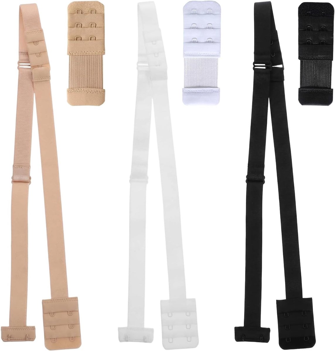 Beha-verlengingen en bandjes voor rugvrije jurken, verstelbaar en elastisch, 6 stuks in zwart, wit en kaki, ideaal voor een perfecte pasvorm en comfort