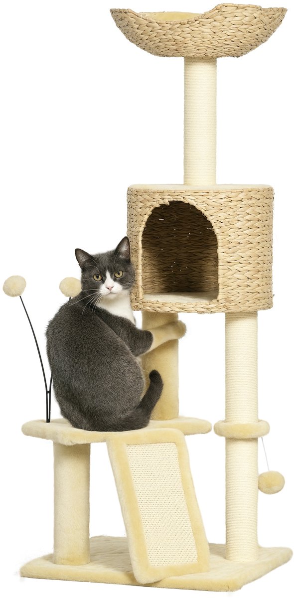 Krabpaal – hoogte 116 cm – meerlaags ontwerp – klimrek met hol – hangmand – platform – pluche balletjes en waterlelie-versiering – beige