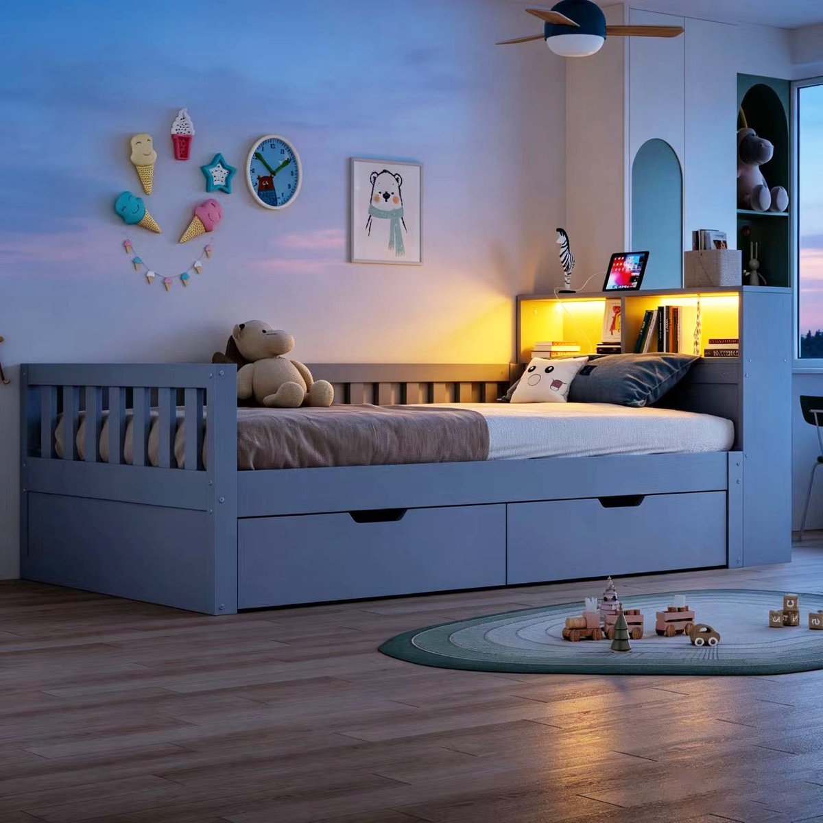 Kinderbed, Multifunctioneel Houten Bed 90 × 200 cm, Met Lades, Plank En Opbergvakken, Voorzien Van Stopcontact En Ledverlichting, Veiligheidsrail, Eenpersoonsbed-Grijs