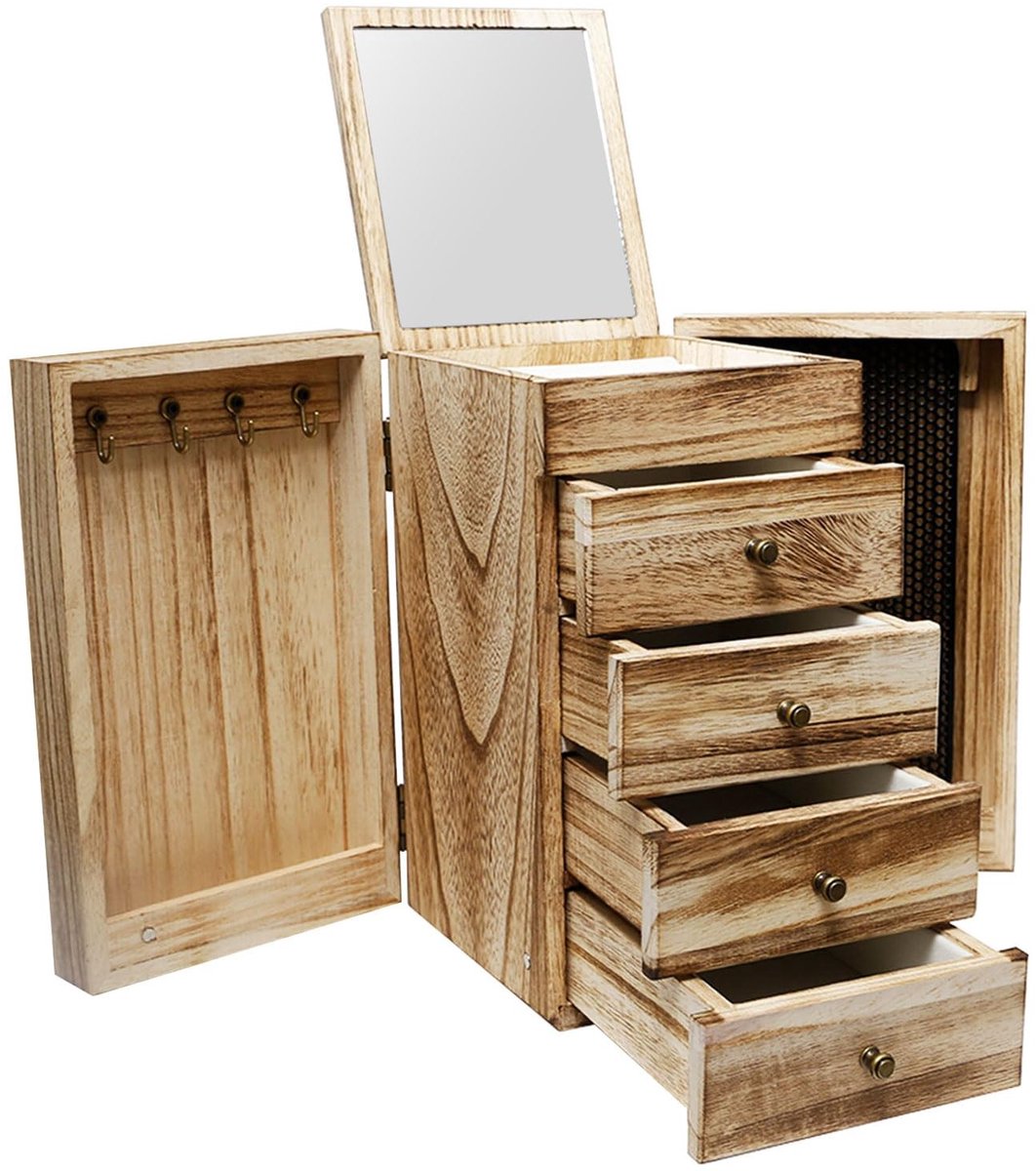 Omgoods - Houten Sieraden Organizer met Spiegel en 4 Lades