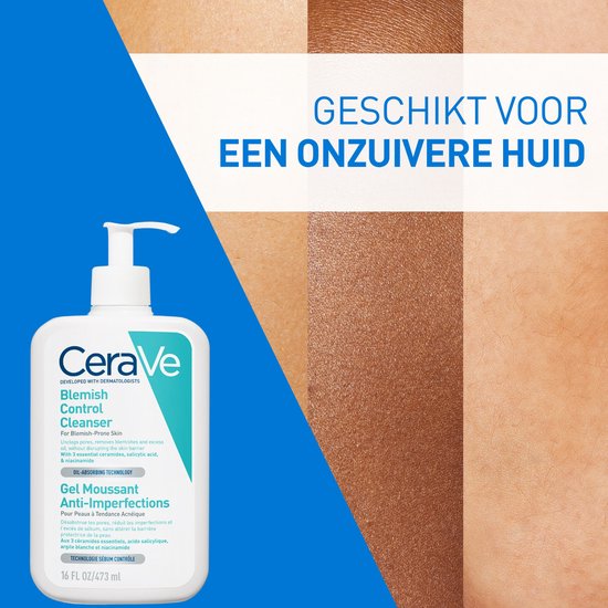 CeraVe Blemish Control Cleanser fles op een achtergrond van drie huidtinten, van licht naar donker.