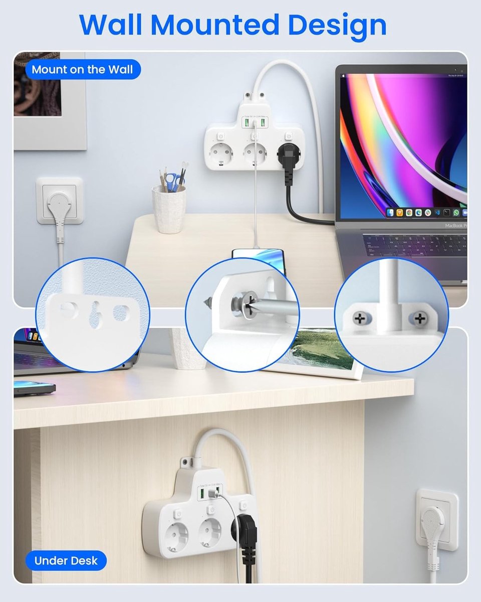 Stekkerdoos met Platte Stekker - Wit - 3-Voudig Stekkerblok met USB - Voor Wandmontage en Thuisgebruik