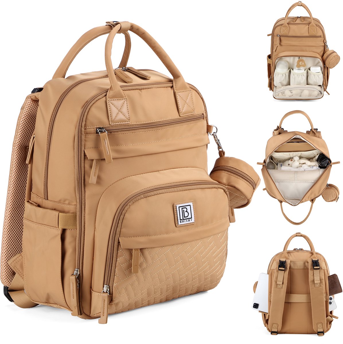 Brisby Premium Luiertas – Uitgebreide en Functionele Verzorgingstas – met Buggymontage – Anti Diefstal Vakken - Reistrolley Sleeve - Levenslange Garantie - Camel Brown