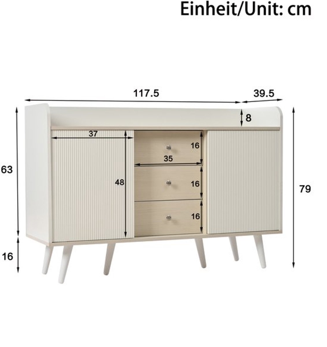 Wandkast – Opbergkast – Dressoir – Kast – Sideboard – Wit Met Natuurlijk Bamboe – 3 Lades Met Ruime Opbergruimte – Compact 117,5 cm