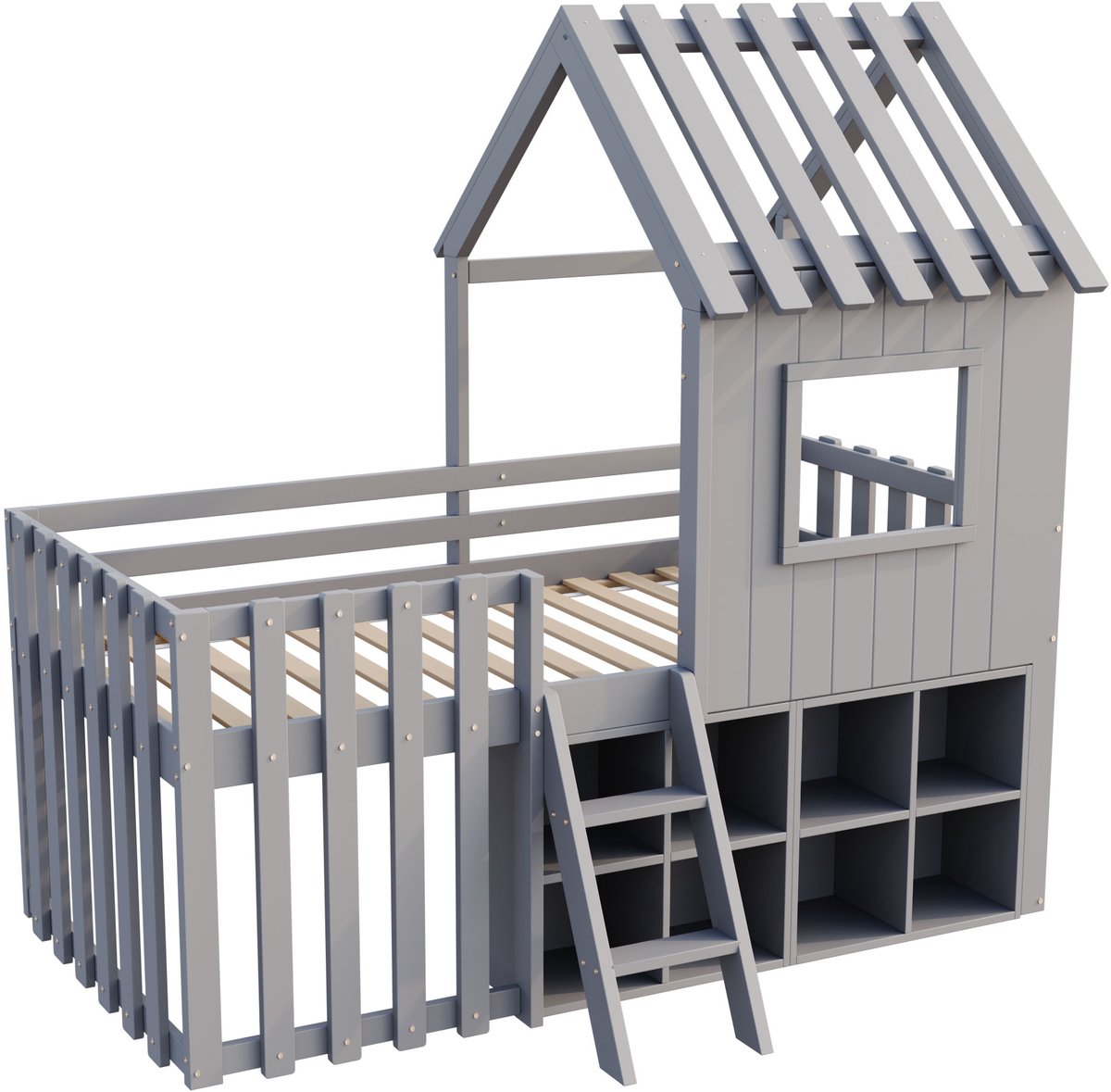 MUVANO Kinderbed huisje - Huisbed 90x200 - Houten bed-Hoogslaper – Met dak – Opbergruimte – Ladder - Zonder matras - Kinderkamer - 90x200 cm- Speelbed-Grijs LDB00350AAE