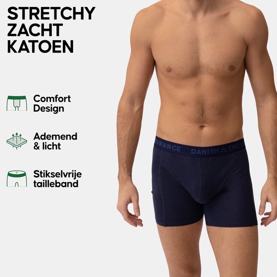 Marineblauwe katoenen boxershorts met comfortabel design, ademend & licht en een naadloze tailleband. "DURAINCE DANISH ENDURANCE" op de tailleband.