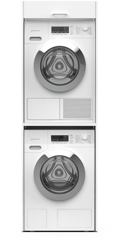 Wit wasmachine-opbouwmeubel met een wasmachine bovenop een droger.