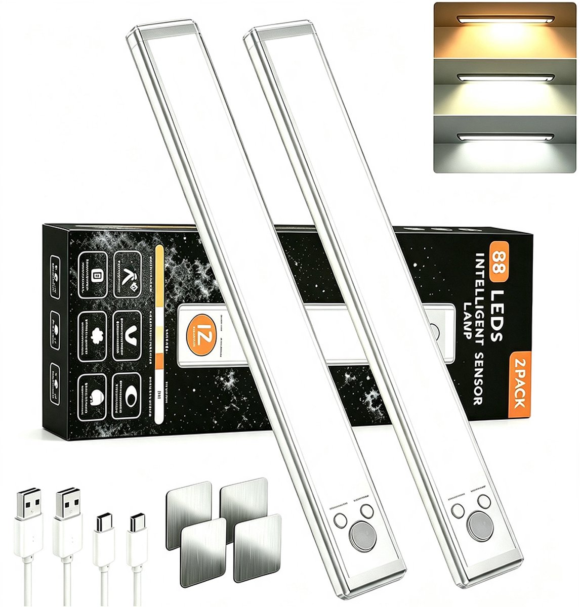 Fokelyi LED Kastverlichting met Bewegingssensor - 120° Breedhoek Aluminium Sensor Lamp - 6500K -Nachtlampje -Wandlamp-24cm- Eén Knop 3 Kleuren - Magnetisch Oplaadbaar