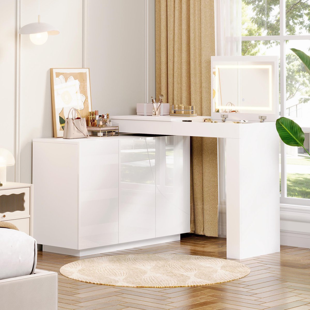 VVBV Kaptafel 100x40x80 cm - Met Spiegel, 360° Draaibaar, Opbergruimte, LED-Verlichting - Wit, Spaanplaat