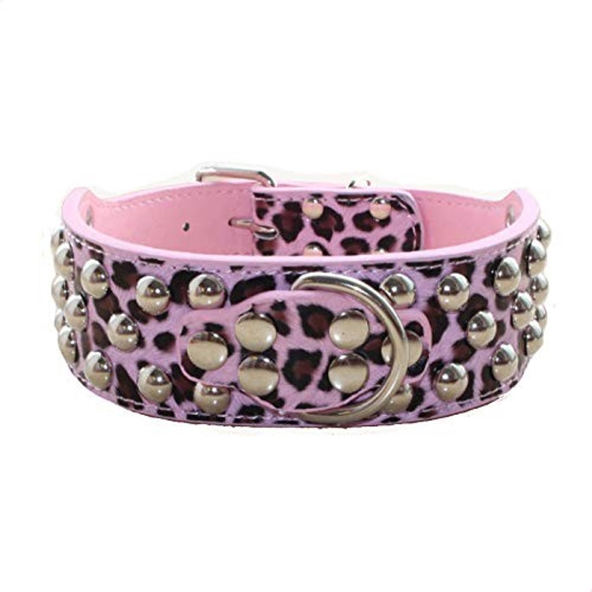 SolidKeus - Studded Leren Hondenhalsband voor Medium/Large Honden in Roze Luipaard