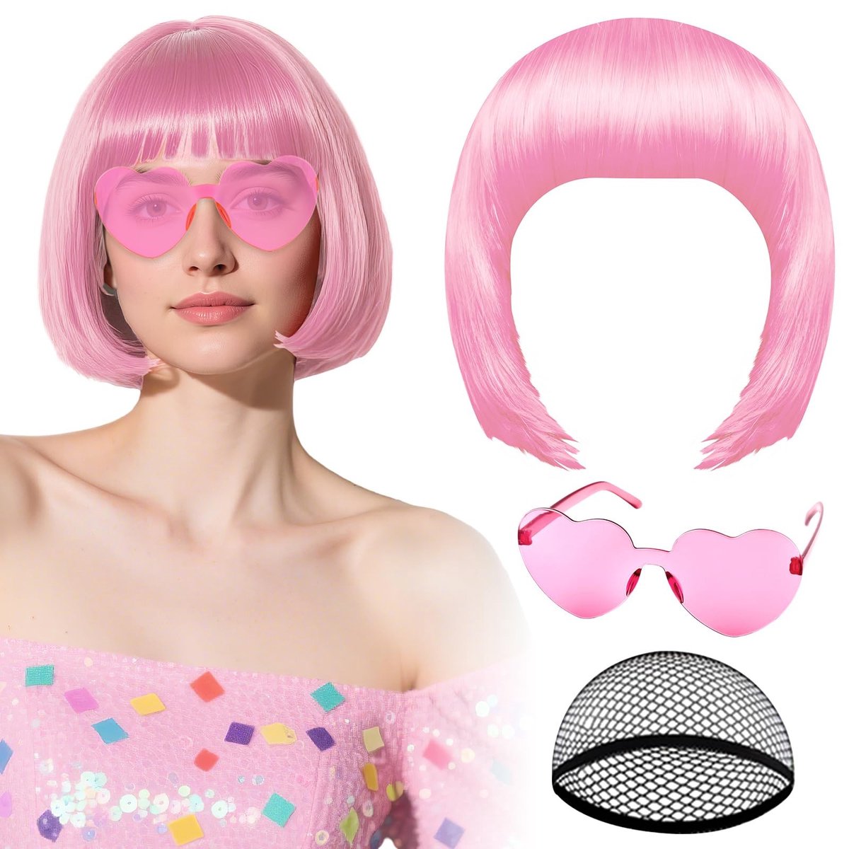 SolidKeus - Roze Bob Perücke met Hartvormige Zonnebril en Haarcap