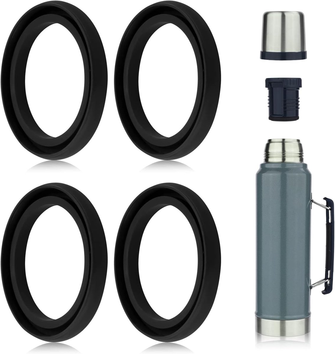 Set van 4 Siliconen Vervangingsringen voor Vacuumflessen - Geschikt voor 20oz, 1.0 QT, 1.5 QT, 2 QT en 2.5 QT - Duurzame en Flexibele Sealing Gaskets in Zwart