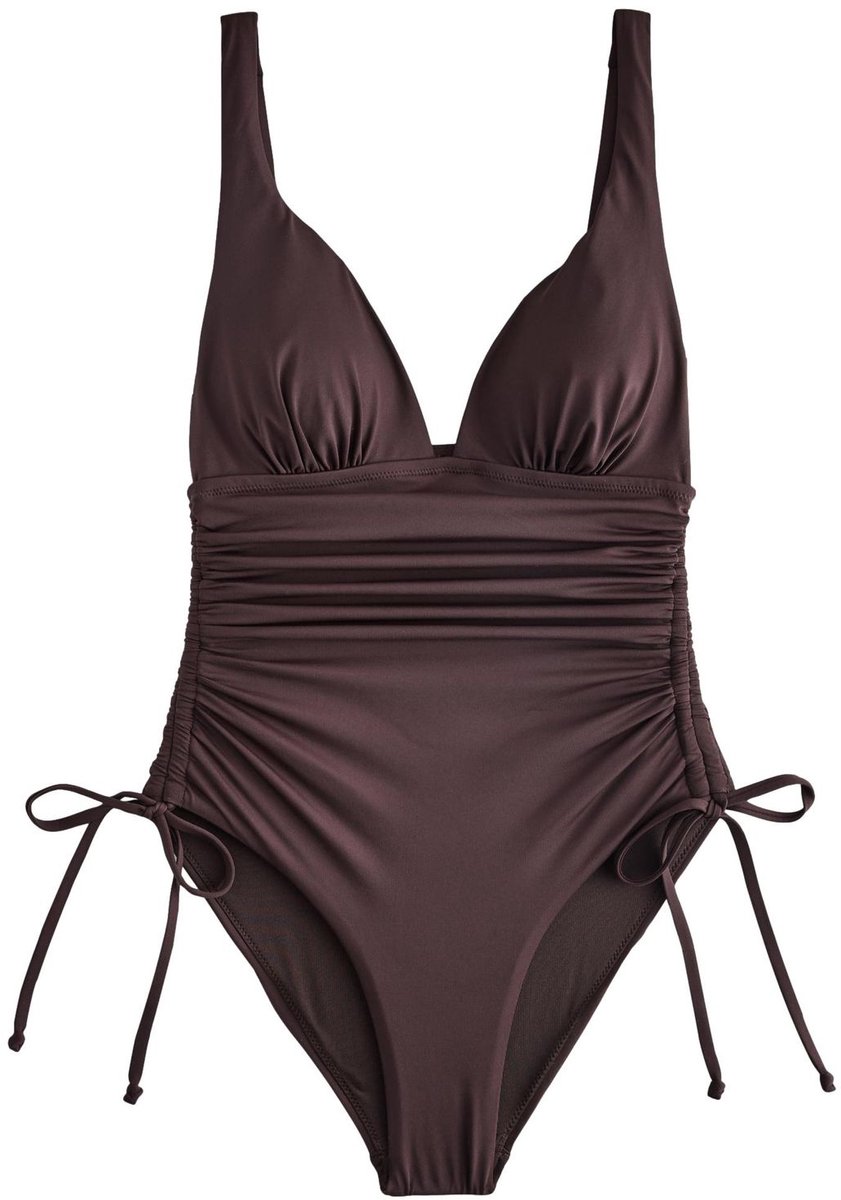 Next Dames - Verstelbaar, buikcorrigerend zwempak met gerimpelde zijkanten en diepe decolleté - Bruin Chocolate Brown