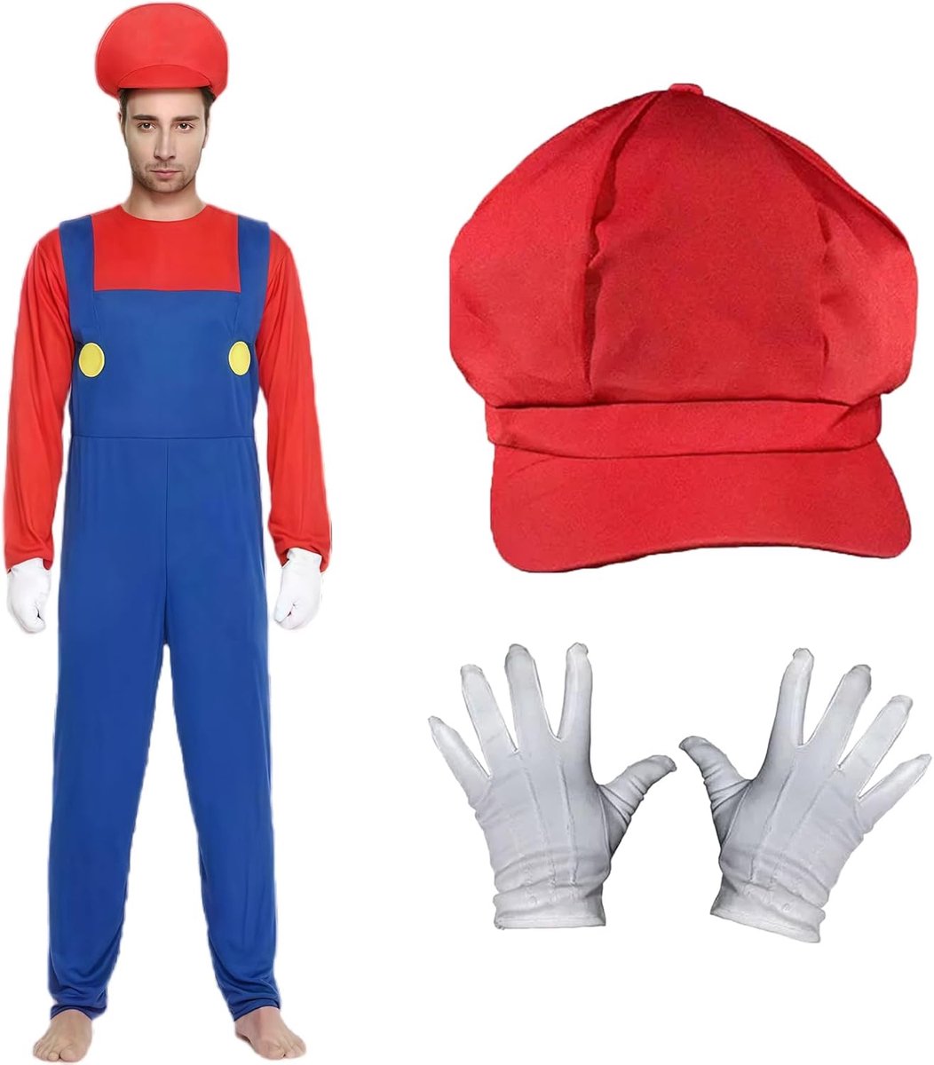 Mario Kostuum Fancy Dress Outfit voor Volwassenen Kinderen Mario Hoed Bodysuit Snor Witte Handschoenen Kostuum Accessoires voor Halloween Cosplay Carnaval Party