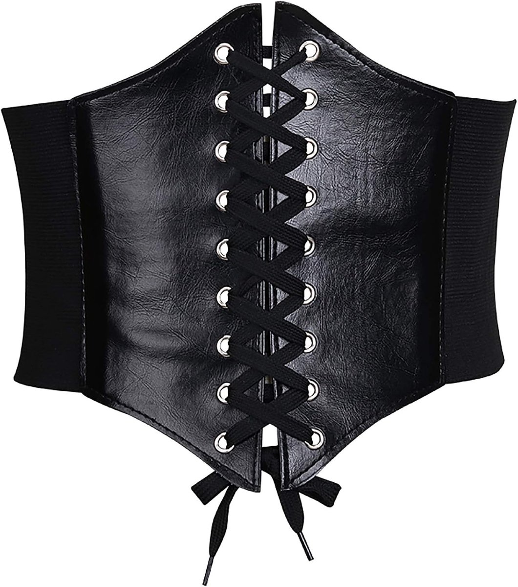 Corset Riem voor Vrouwen Brede Elastische Gebonden Waspie Riemen Vetersluiting Lederen Taille Riemen voor Vrouwen Jurken, Zwart, L:Taille 31/34"
