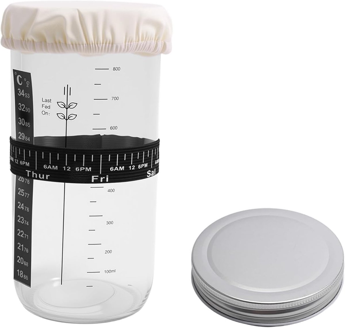 Deegset, 900 ml, container met deksel, etiketten, siliconen spatel, temperatuurstrips en verstelbaar elastisch deksel, voor gisting en conservering, beginners en experts