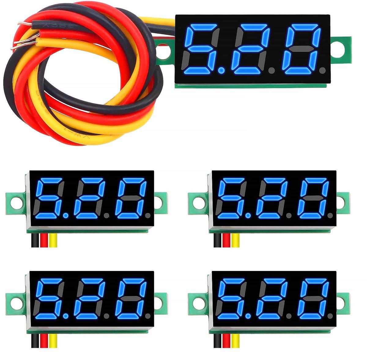 5 Stuks 0.28 Inch Mini Digitale Voltmeter, 0-100V Mini DC Voltmeter met Drie draden, Omgekeerde Polariteit Bescherming en Nauwkeurige Drukmeting (Blauw)