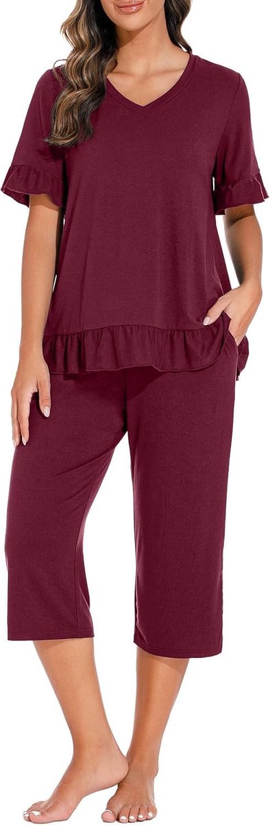 Pyjama voor dames, V-hals, korte mouwen, bovendeel en 3/4 lange broek