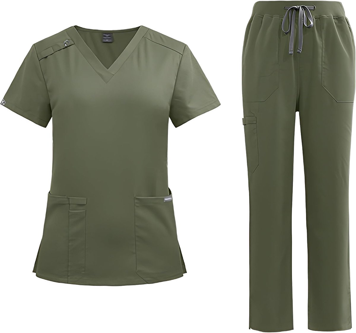 Suit Set Korte Mouw Unisex V-hals Top met 2 Zakken Rechte Pijpen Broek met Verstelbare Taille Medisch Uniform DK86