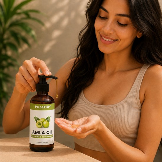 Vrouw met fles PureOil Amla Oil, druppel olie in handpalm.