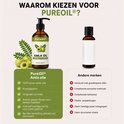 Vergelijking van PureOil Amla Oil fles met concurrent, met tekst "Waarom kiezen voor PureOil?".