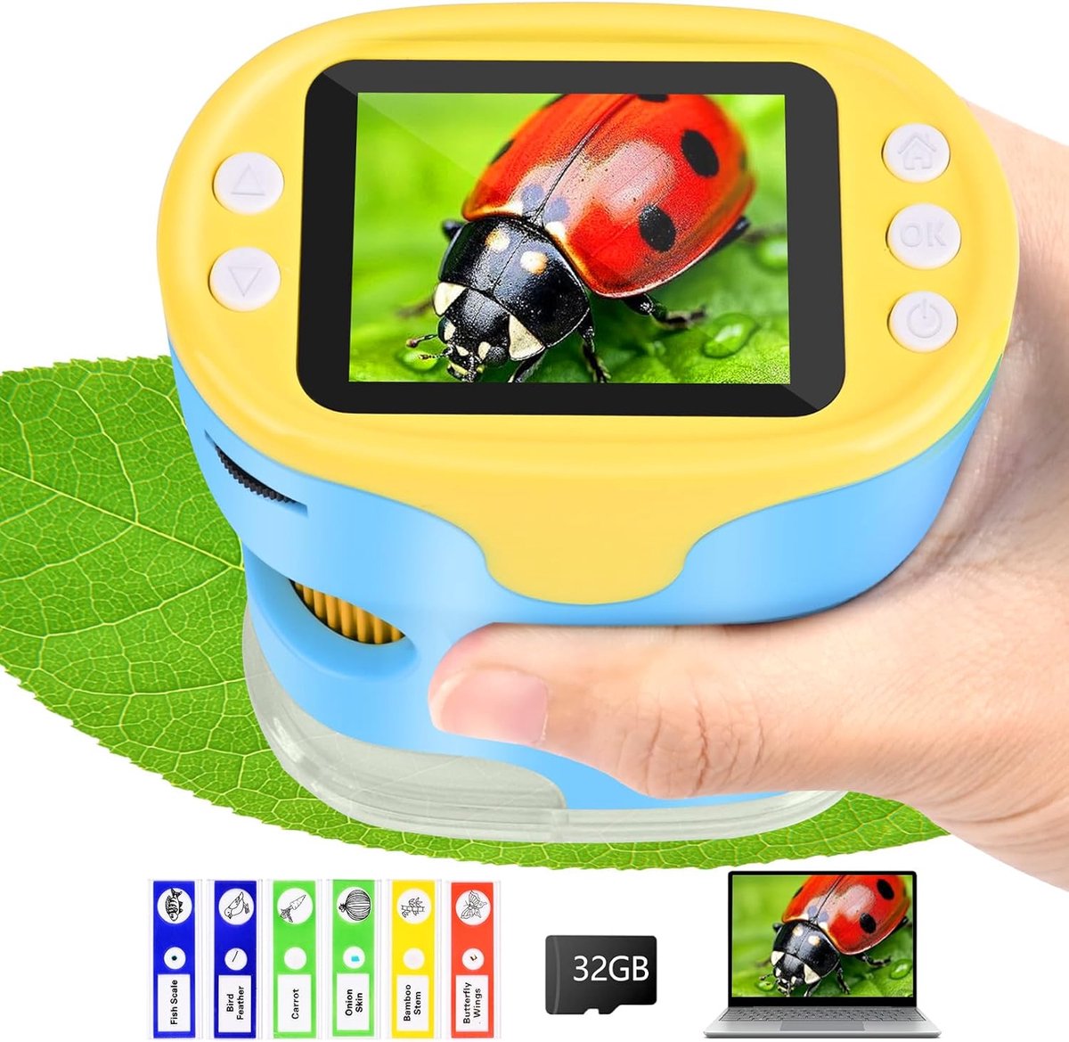 Microscoop voor kinderen, Vankarr 1000X Digitale zakmicroscoop Draagbaar mini mobiele microscoop met 32GB SD-kaart, 2-inch IPS-scherm, objectdragervoorbeelden, cadeau voor kinderen studenten, blauw